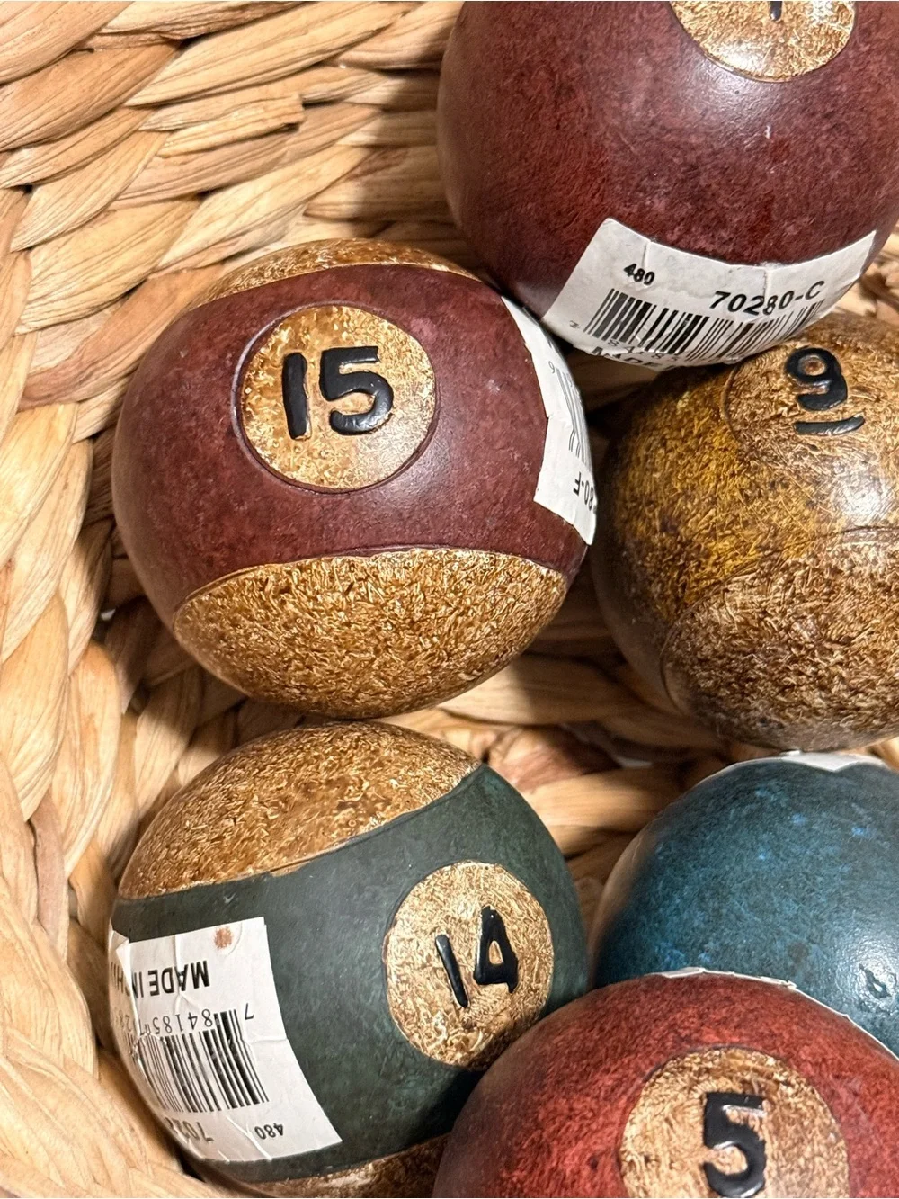 Decorative Vintage Pier 1 Pool Object Balls - Rustic Red, Teal & Gold Set